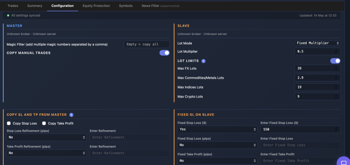 Trade Copier configuration panel with master/slave settings, lot limits, SL/TP, and symbol mappings