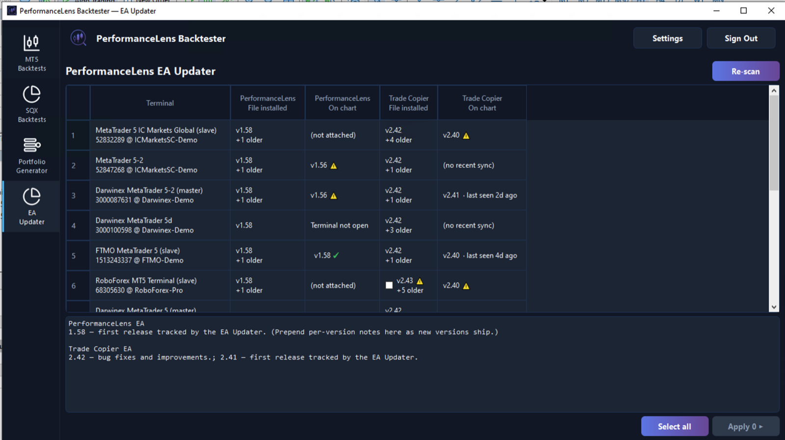 Backtester desktop app EA Updater: per-terminal table of installed vs on-chart EA versions for every detected MT5 install