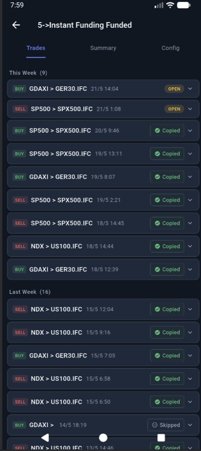Mobile app: per-pair trades view showing open and copied trades with status