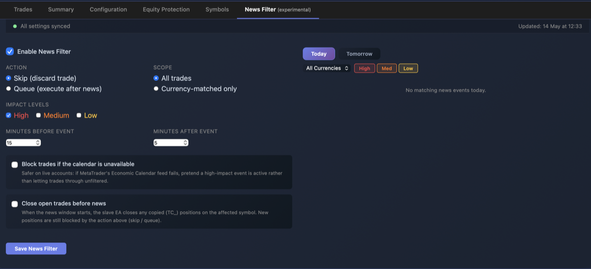 News filter settings: skip or queue trades around high-impact economic events