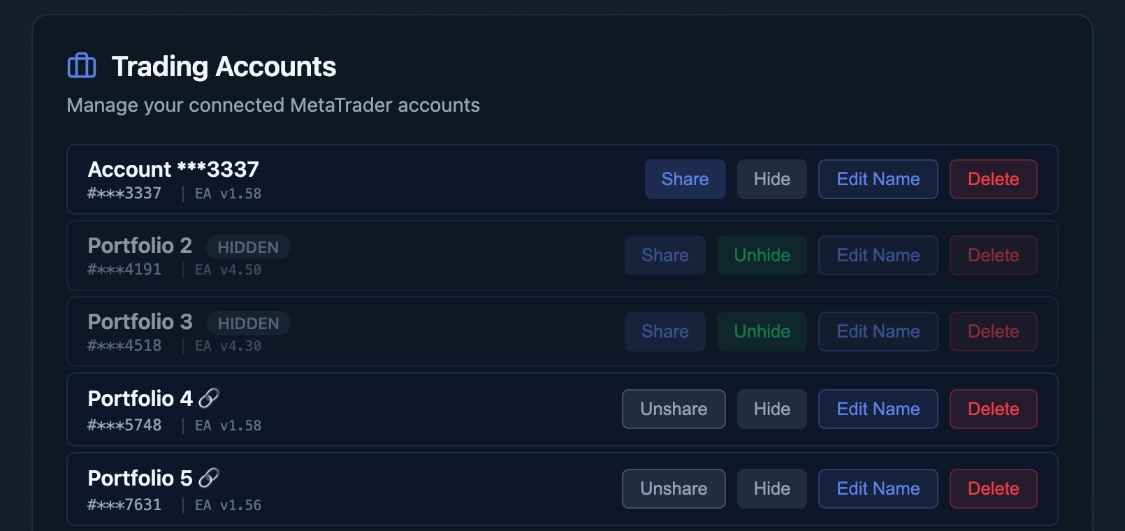 Trading Accounts settings panel showing Hide and Unhide buttons; two accounts are marked HIDDEN