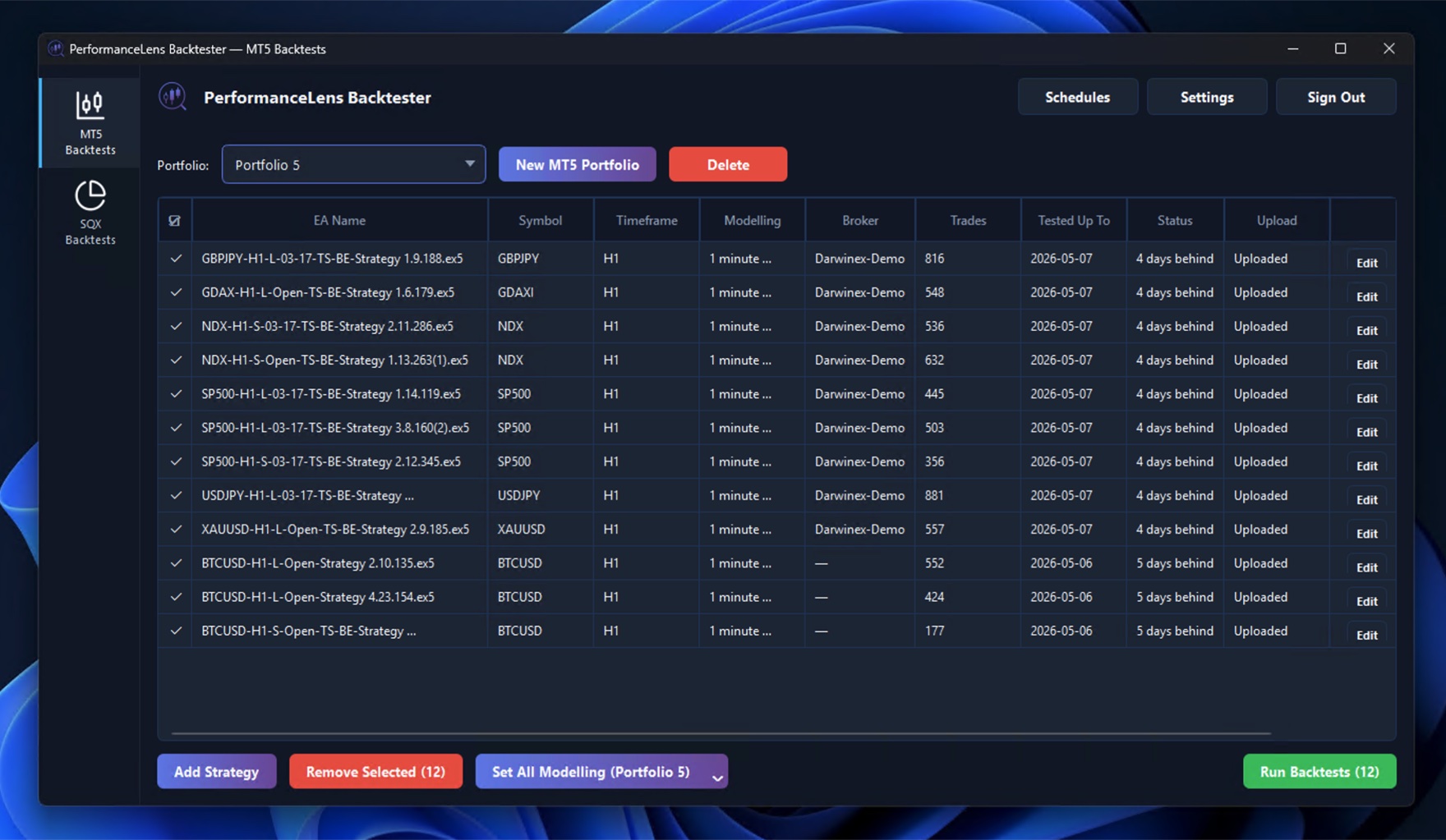 PerformanceLens Backtester desktop app showing the MT5 Backtests view with a strategy portfolio and run-status columns